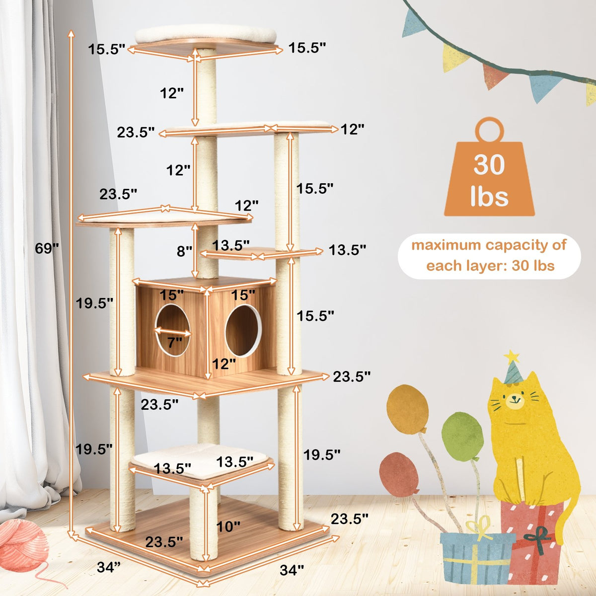 7-Layer Wooden Cat Tree Tall Cat Tower with Sisal Posts and Condo-Natural view 5