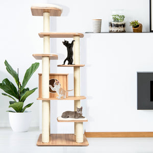 7-Layer Wooden Cat Tree Tall Cat Tower with Sisal Posts and Condo-Natural view 6