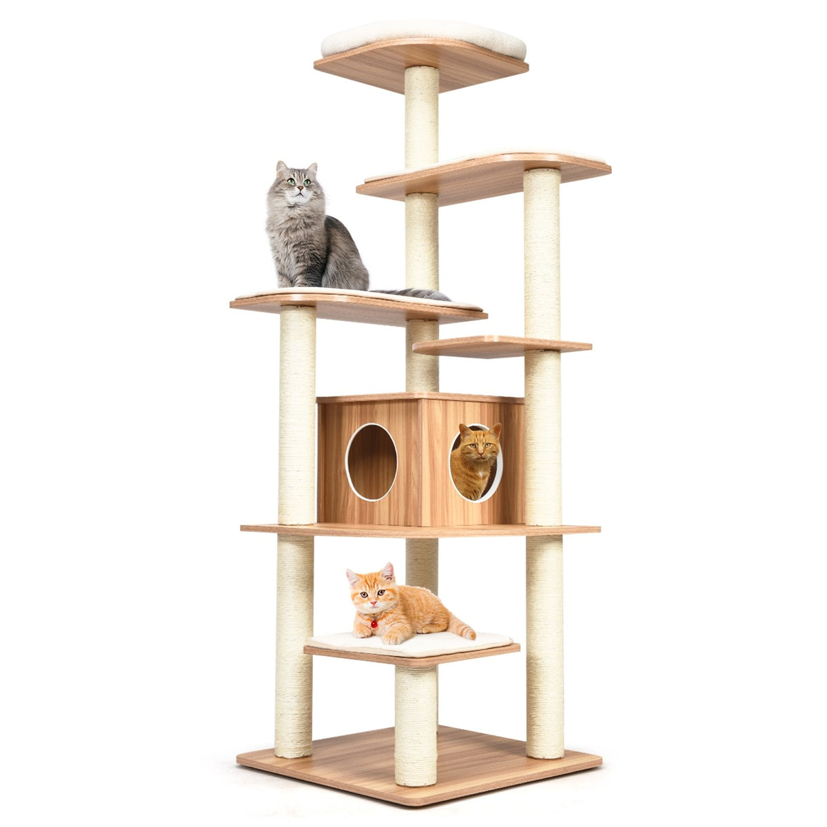 7-Layer Wooden Cat Tree Tall Cat Tower with Sisal Posts and Condo-Natural view 7