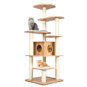 7-Layer Wooden Cat Tree Tall Cat Tower with Sisal Posts and Condo-Natural view 7