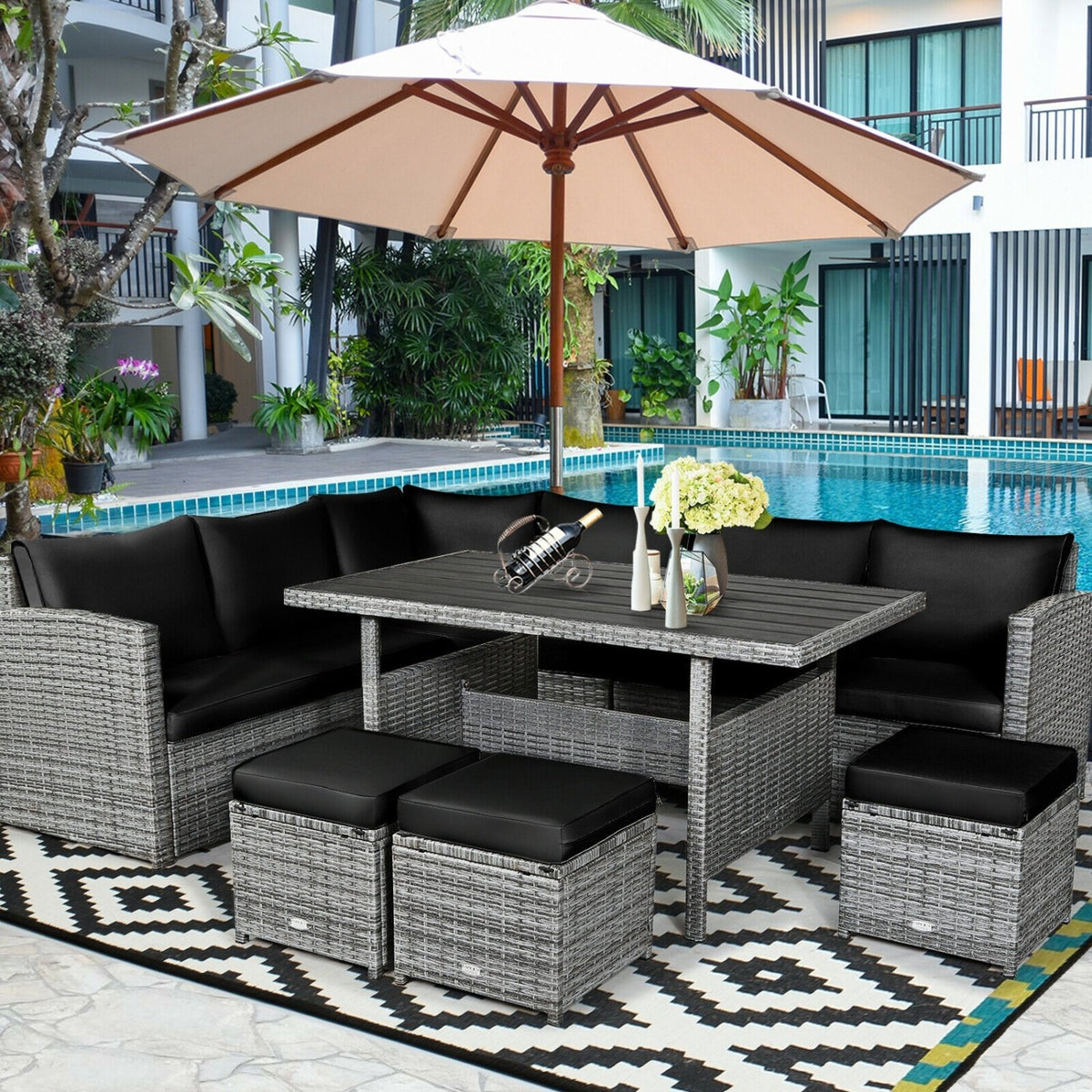 7 Pieces Patio Rattan Dining Furniture Sectional Sofa Set with Wicker Ottoman-Black view 2