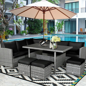 7 Pieces Patio Rattan Dining Furniture Sectional Sofa Set with Wicker Ottoman-Black view 2