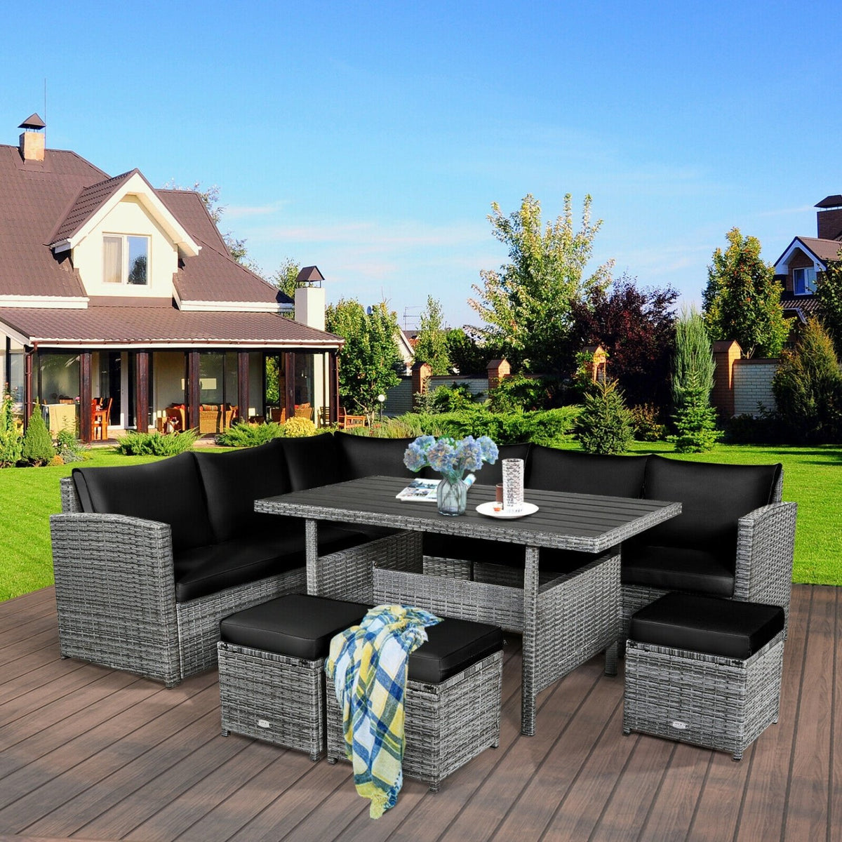 7 Pieces Patio Rattan Dining Furniture Sectional Sofa Set with Wicker Ottoman-Black view 3