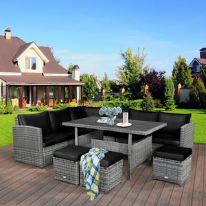 7 Pieces Patio Rattan Dining Furniture Sectional Sofa Set with Wicker Ottoman-Black view 3
