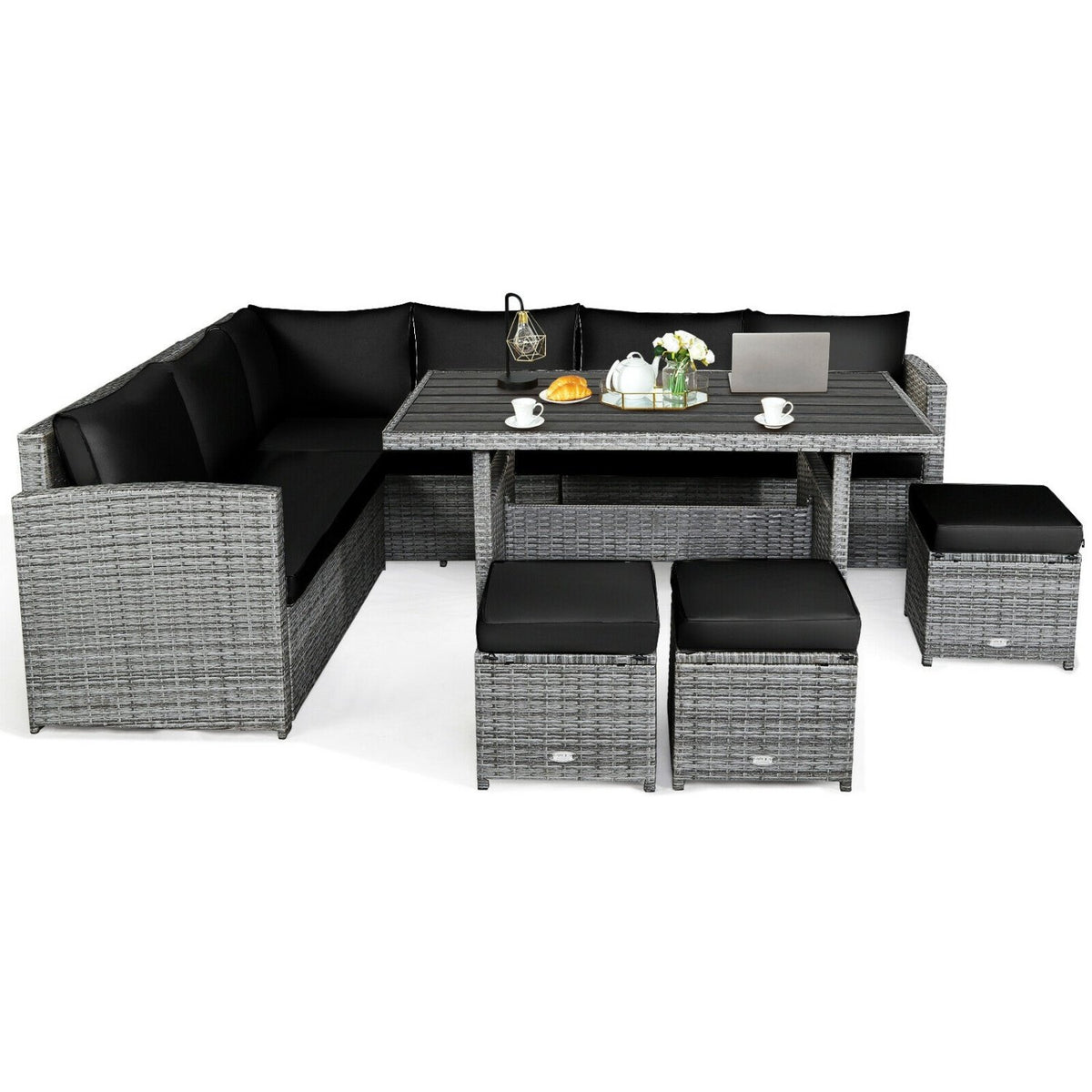 7 Pieces Patio Rattan Dining Furniture Sectional Sofa Set with Wicker Ottoman-Black view 4