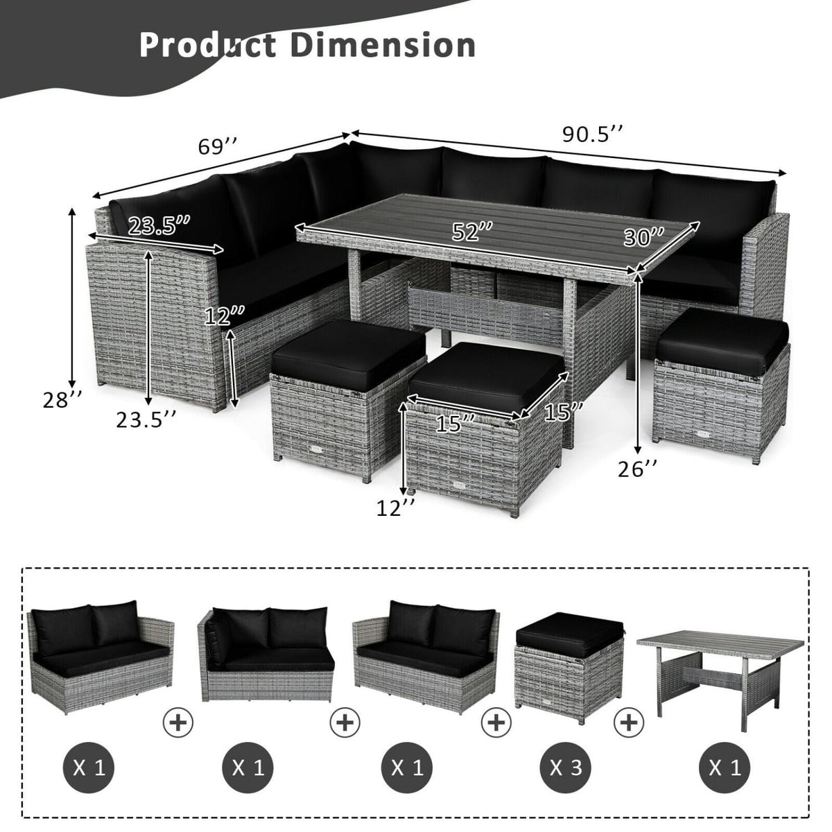 7 Pieces Patio Rattan Dining Furniture Sectional Sofa Set with Wicker Ottoman-Black view 5