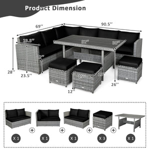 7 Pieces Patio Rattan Dining Furniture Sectional Sofa Set with Wicker Ottoman-Black view 5