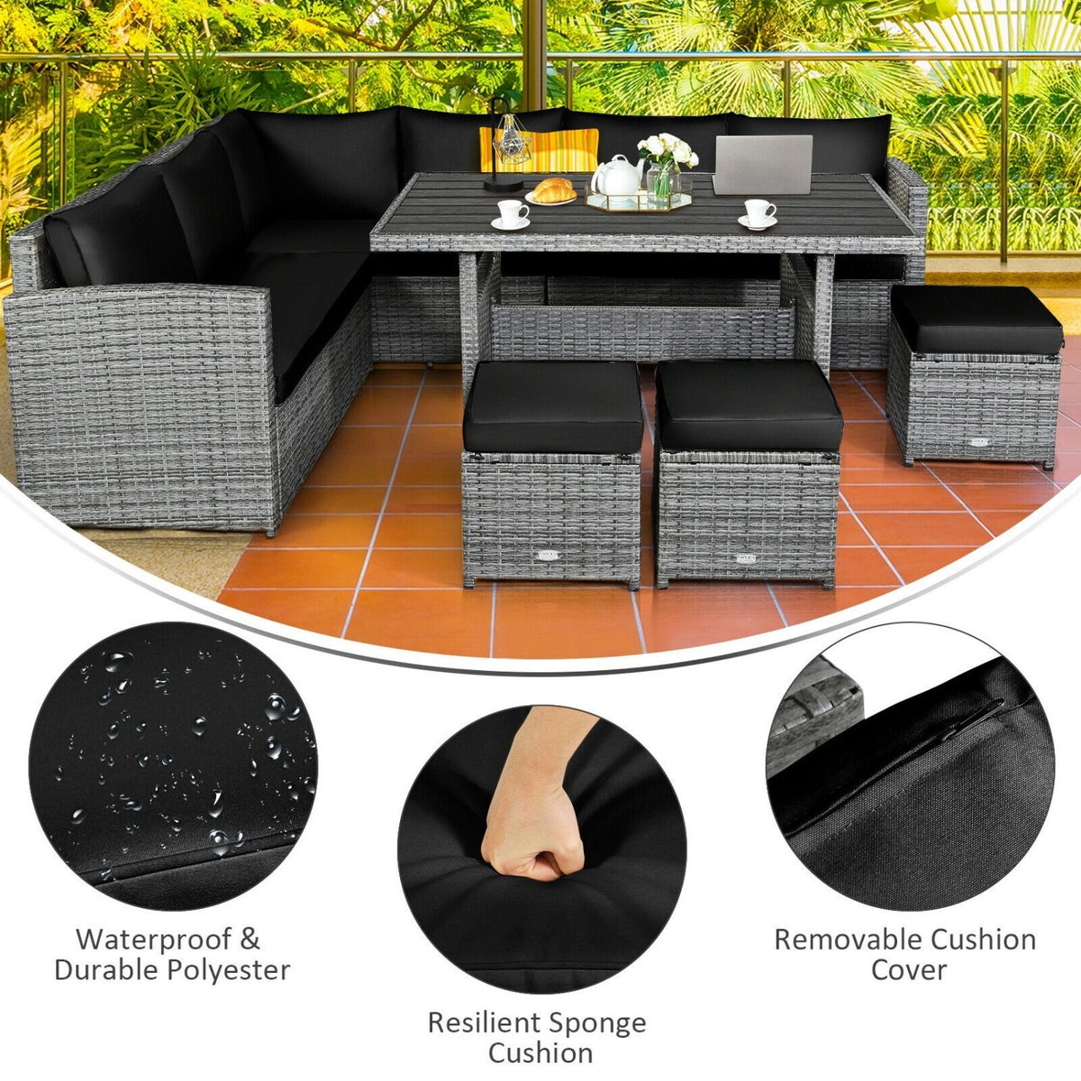 7 Pieces Patio Rattan Dining Furniture Sectional Sofa Set with Wicker Ottoman-Black view 6