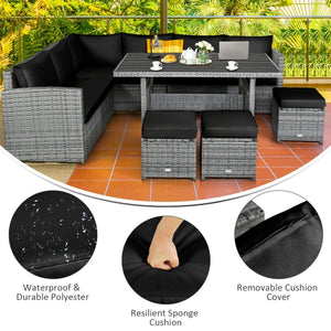 7 Pieces Patio Rattan Dining Furniture Sectional Sofa Set with Wicker Ottoman-Black view 6