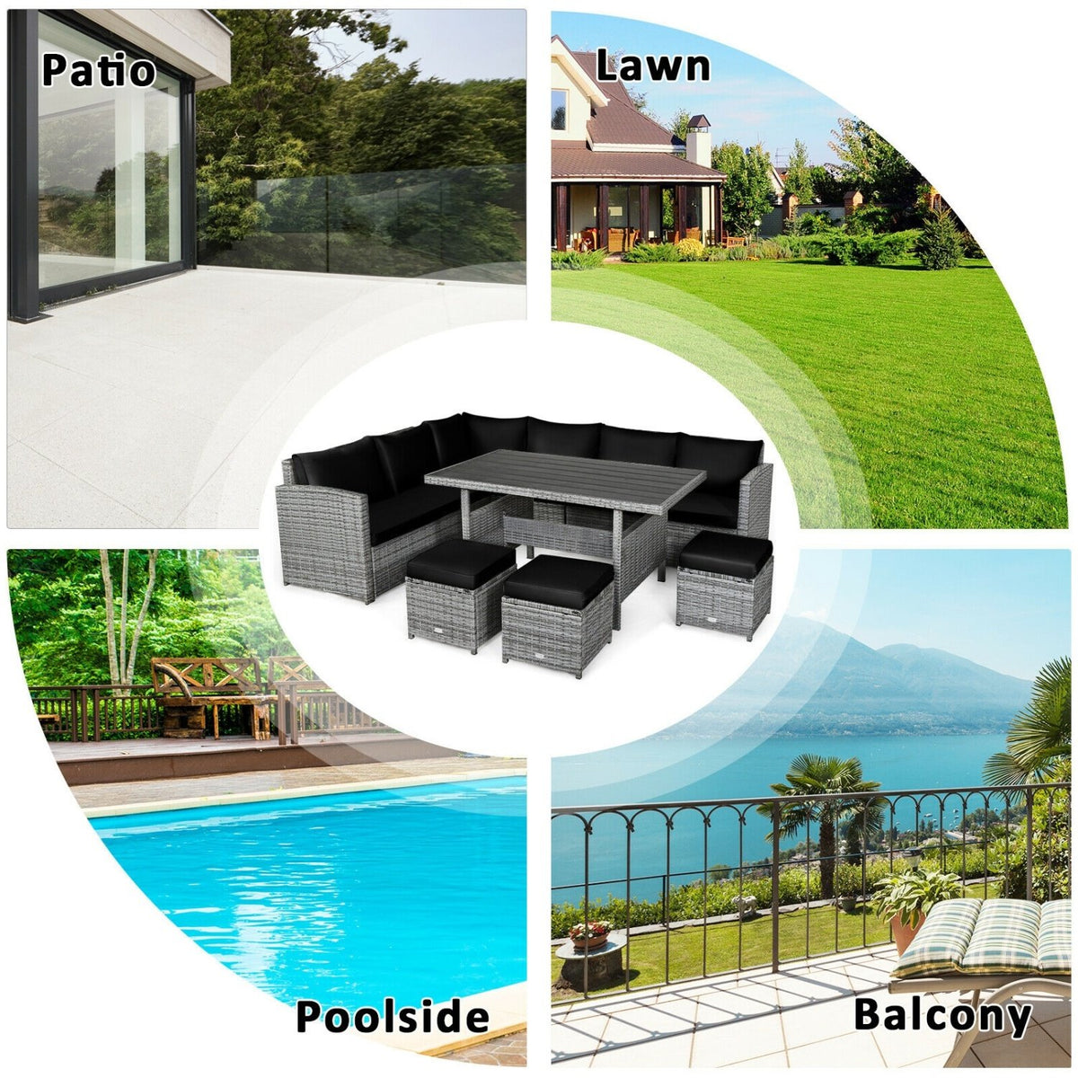 7 Pieces Patio Rattan Dining Furniture Sectional Sofa Set with Wicker Ottoman-Black view 7