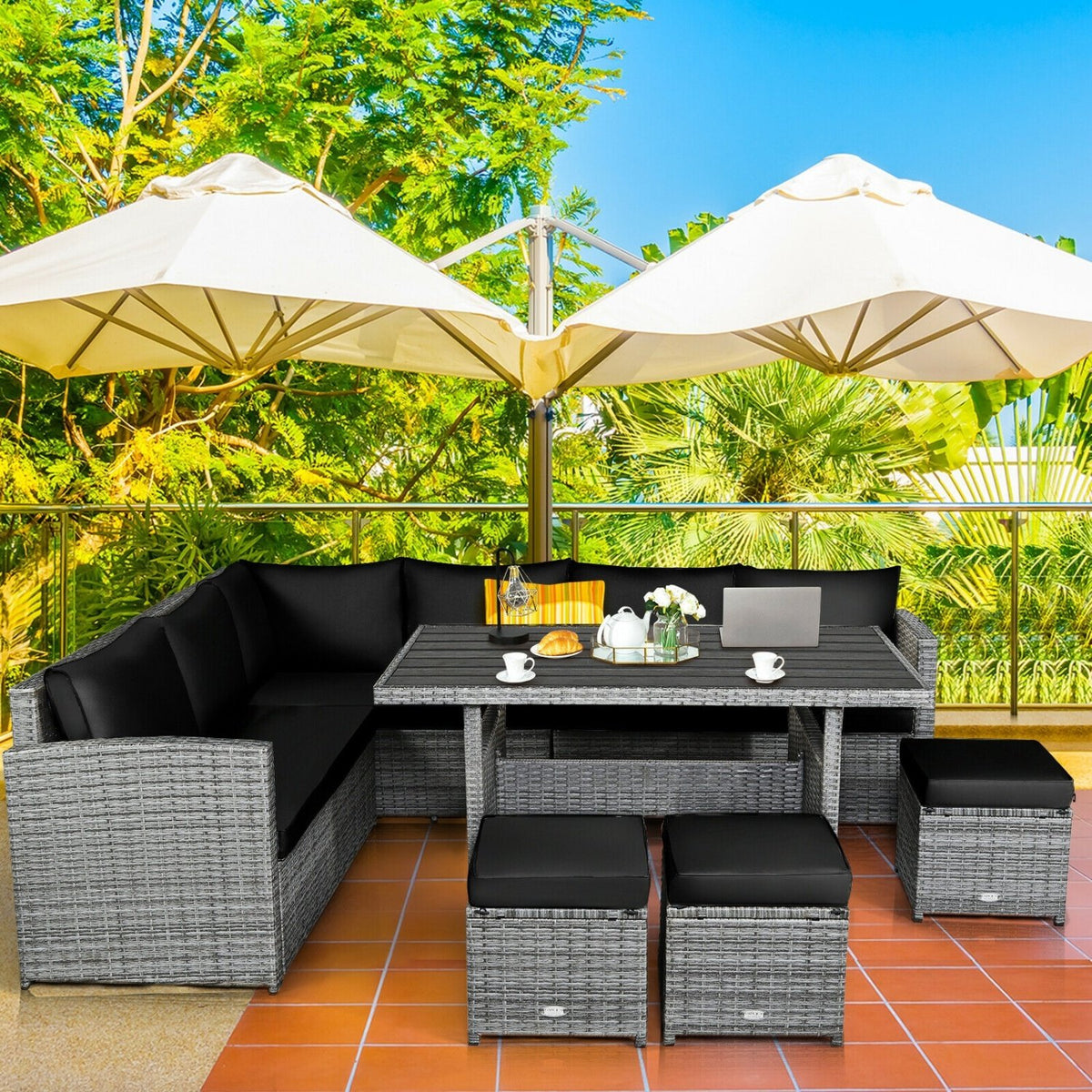 7 Pieces Patio Rattan Dining Furniture Sectional Sofa Set with Wicker Ottoman-Black view 8