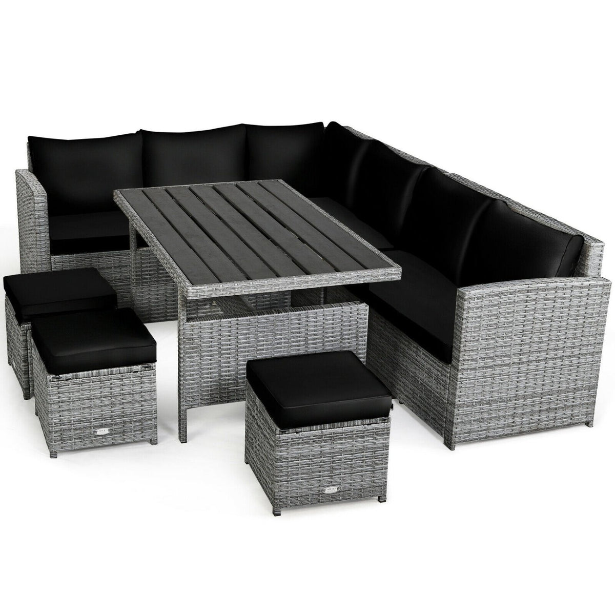 7 Pieces Patio Rattan Dining Furniture Sectional Sofa Set with Wicker Ottoman-Black view 9