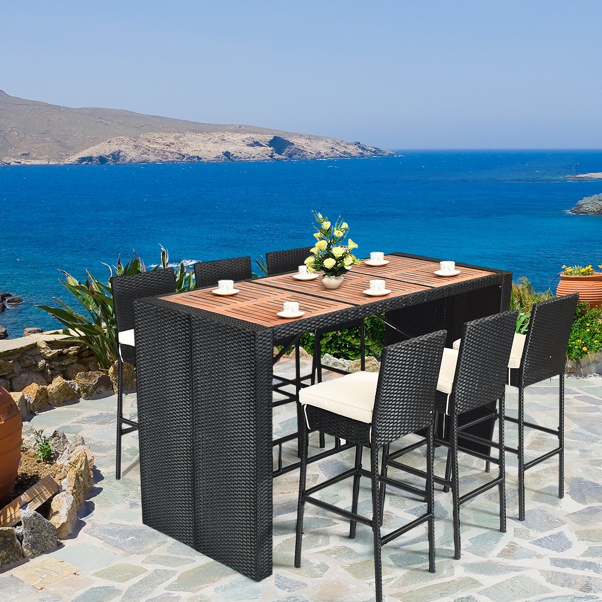 7 Pieces Patio Rattan Wicker Dining Furniture Set view 7