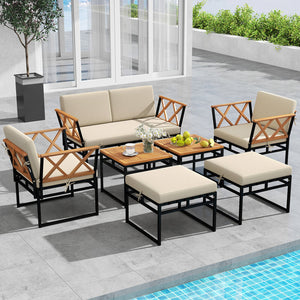 7 Piece Outdoor Conversation Set with Cushions and Bungee Rope Seat-Beige view 2