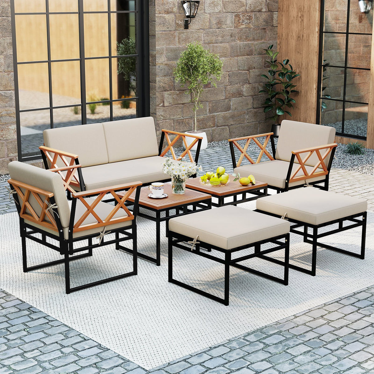 7 Piece Outdoor Conversation Set with Cushions and Bungee Rope Seat-Beige view 3