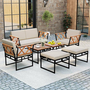 7 Piece Outdoor Conversation Set with Cushions and Bungee Rope Seat-Beige view 3