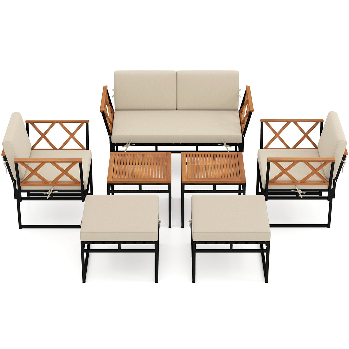7 Piece Outdoor Conversation Set with Cushions and Bungee Rope Seat-Beige view 4