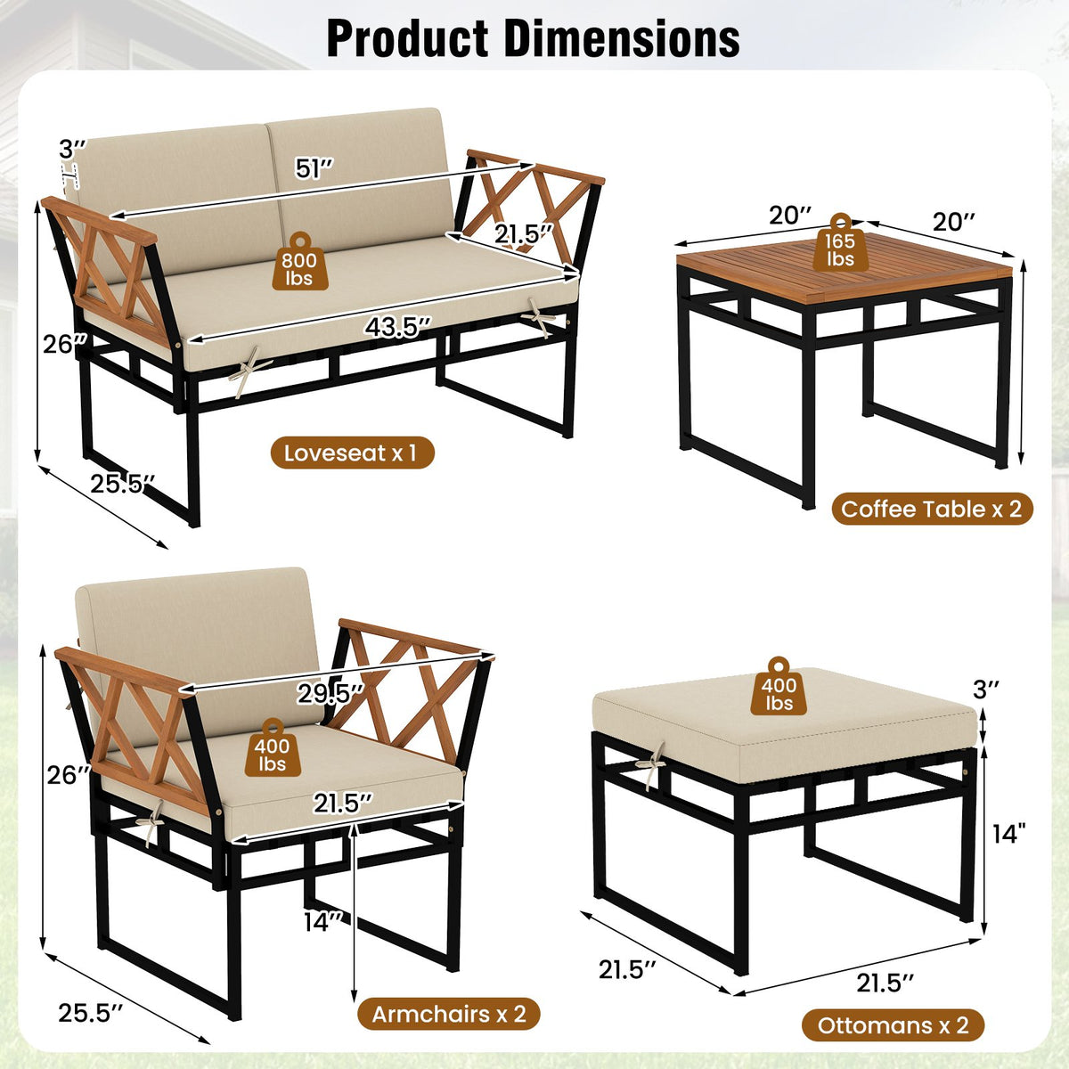 7 Piece Outdoor Conversation Set with Cushions and Bungee Rope Seat-Beige view 5