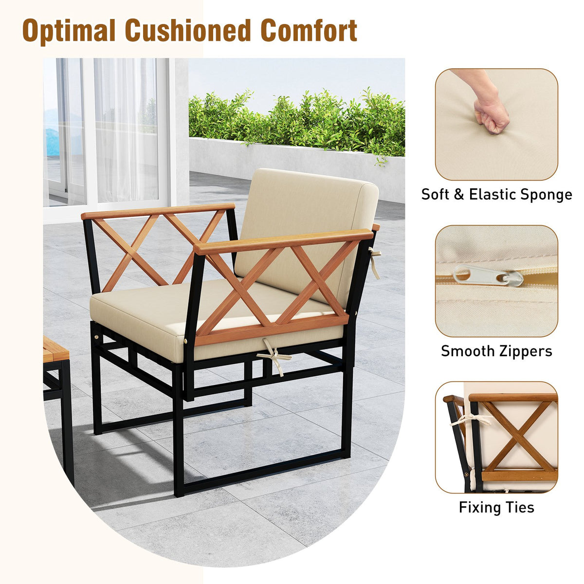 7 Piece Outdoor Conversation Set with Cushions and Bungee Rope Seat-Beige view 8