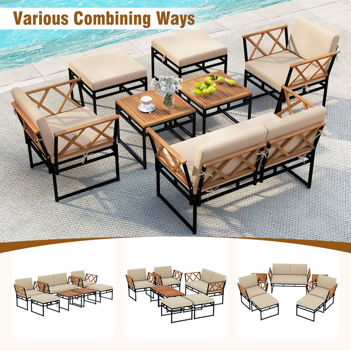 7 Piece Outdoor Conversation Set with Cushions and Bungee Rope Seat-Beige view 9