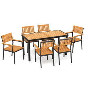 7-Piece Outdoor Dining Set for 6 with Acacia Table & Armchairs and Umbrella Hole