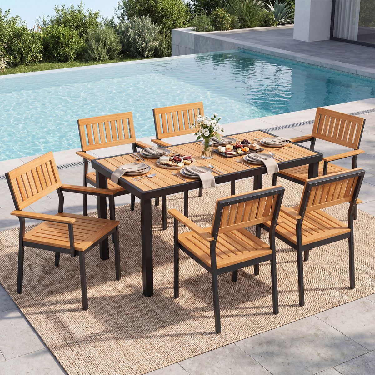 7-Piece Outdoor Dining Set for 6 with Acacia Table & Armchairs and Umbrella Hole view 2