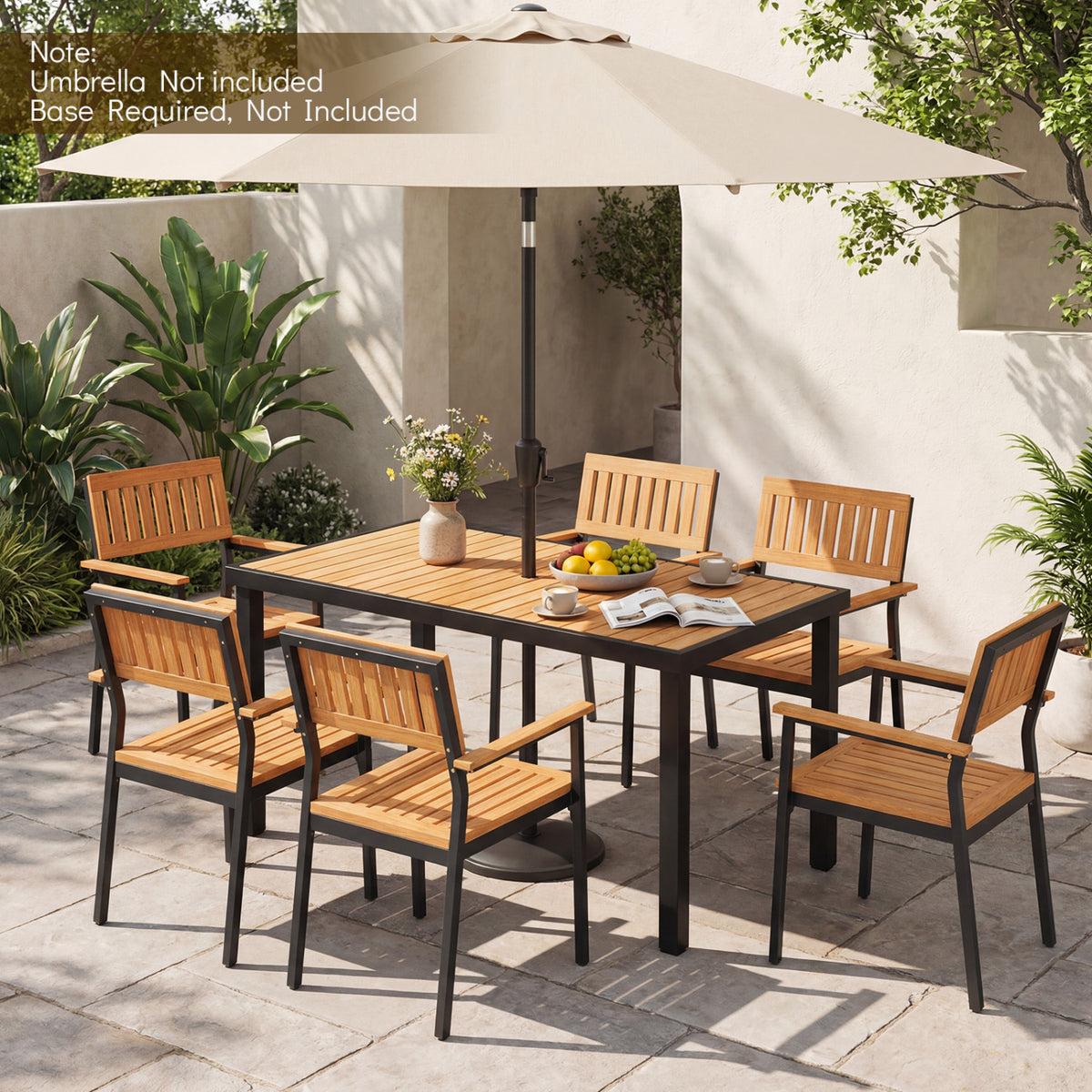 7-Piece Outdoor Dining Set for 6 with Acacia Table & Armchairs and Umbrella Hole view 3