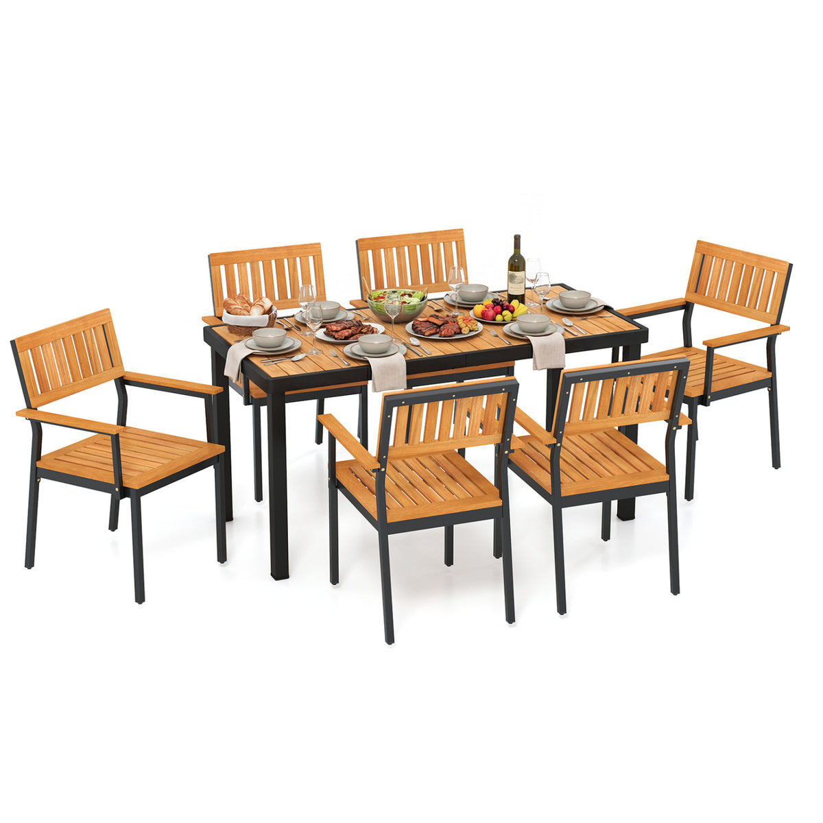 7-Piece Outdoor Dining Set for 6 with Acacia Table & Armchairs and Umbrella Hole view 4