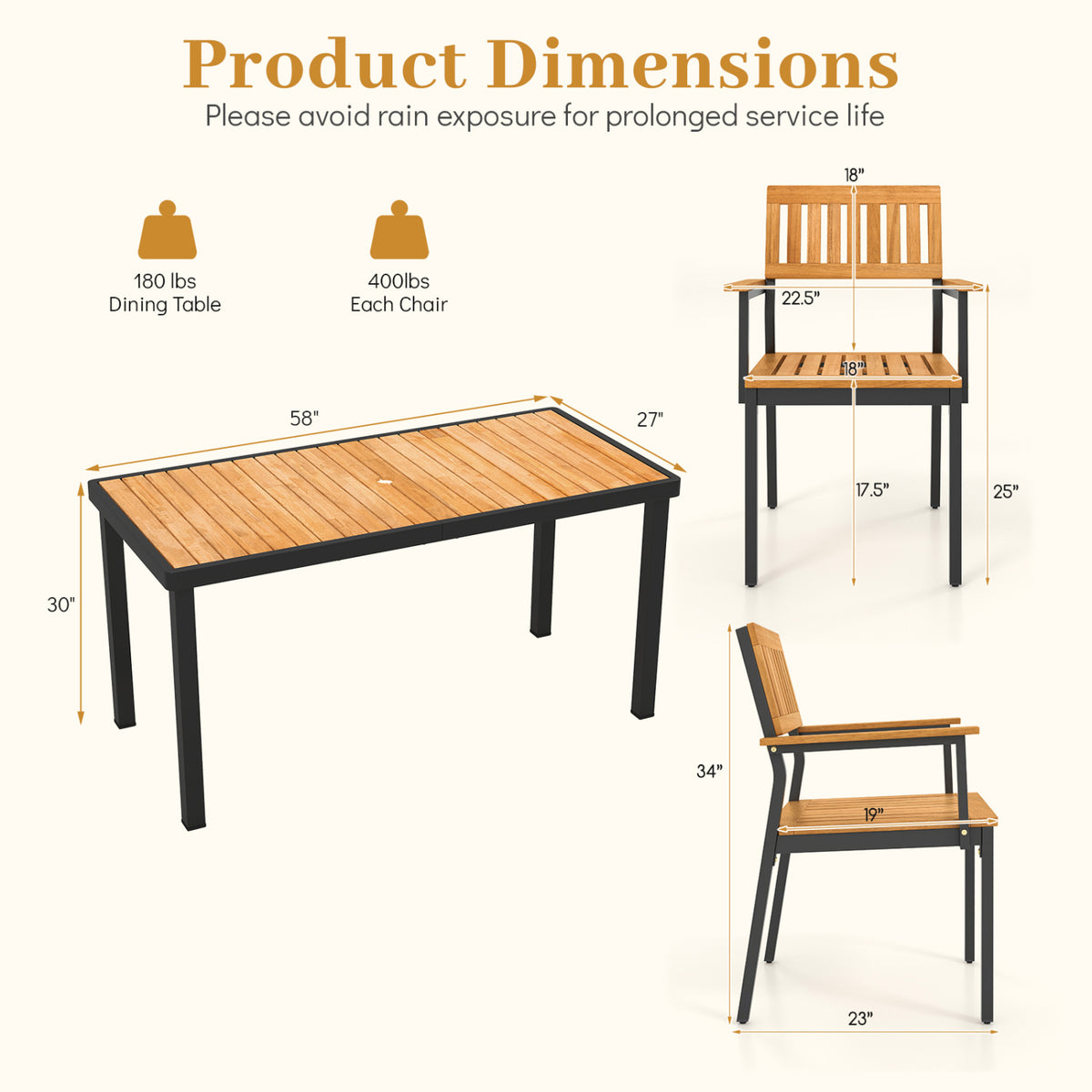 7-Piece Outdoor Dining Set for 6 with Acacia Table & Armchairs and Umbrella Hole view 5