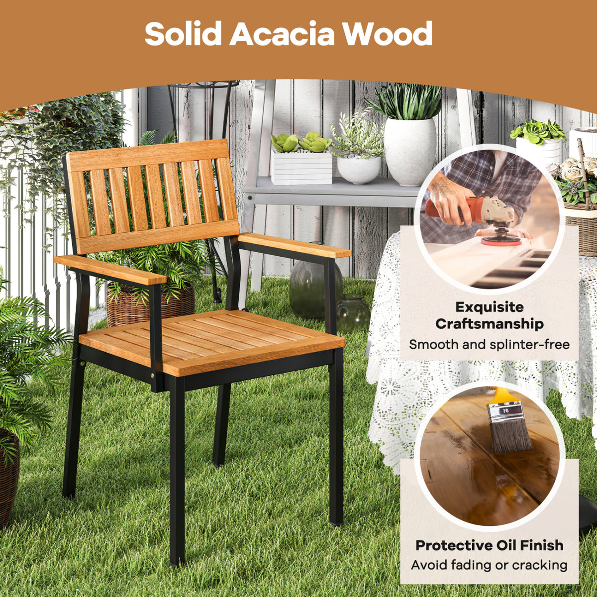 7-Piece Outdoor Dining Set for 6 with Acacia Table & Armchairs and Umbrella Hole view 6