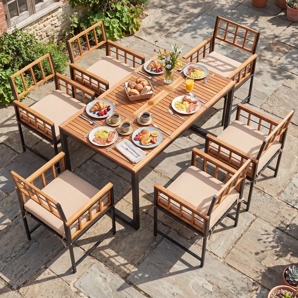 7-Piece Outdoor Dining Set with Acacia Wood Table & Chairs and Umbrella Hole-Natural & Black view 2