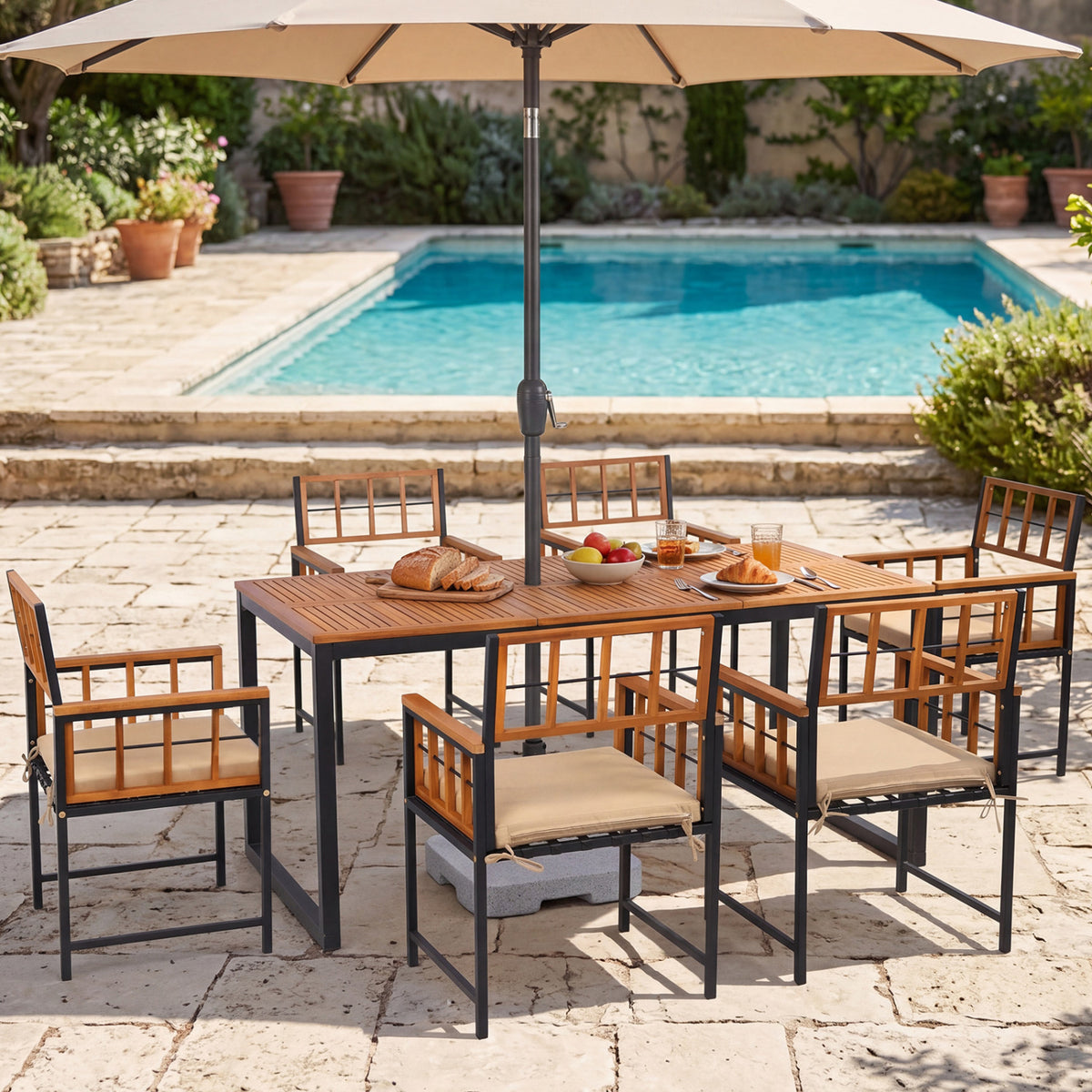 7-Piece Outdoor Dining Set with Acacia Wood Table & Chairs and Umbrella Hole-Natural & Black view 3