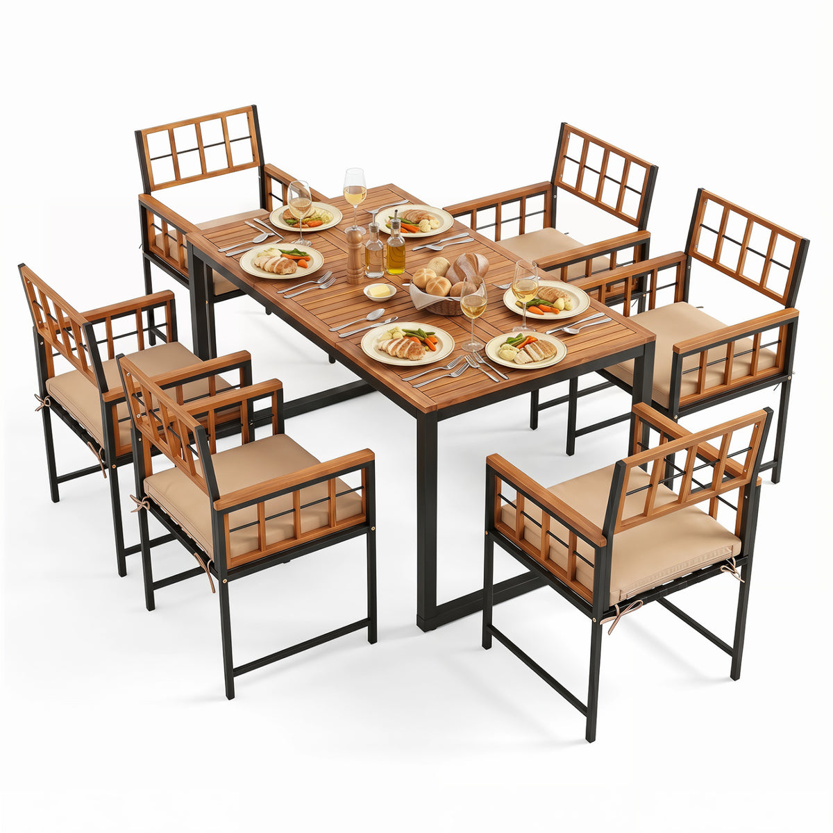 7-Piece Outdoor Dining Set with Acacia Wood Table & Chairs and Umbrella Hole-Natural & Black view 4