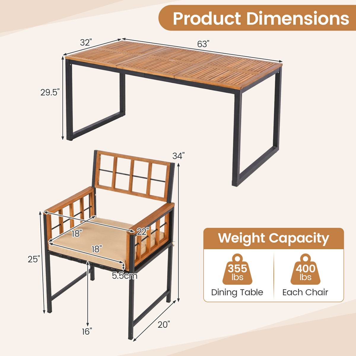7-Piece Outdoor Dining Set with Acacia Wood Table & Chairs and Umbrella Hole-Natural & Black view 5