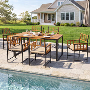 7-Piece Outdoor Dining Set with Acacia Wood Table & Chairs and Umbrella Hole-Natural & Black view 6
