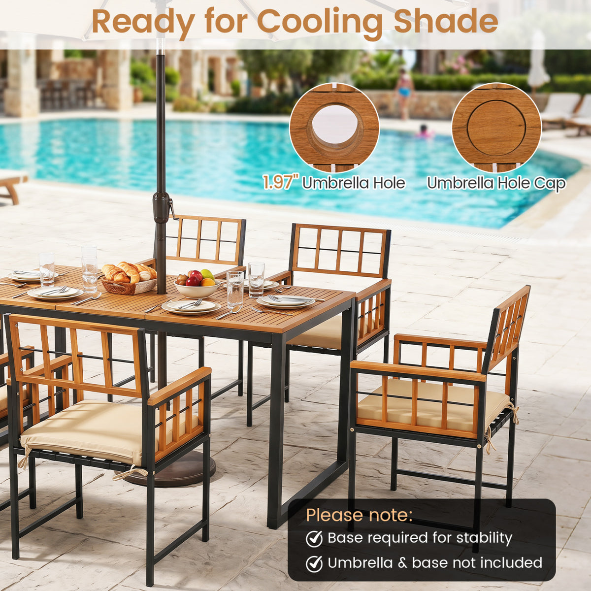 7-Piece Outdoor Dining Set with Acacia Wood Table & Chairs and Umbrella Hole-Natural & Black view 9