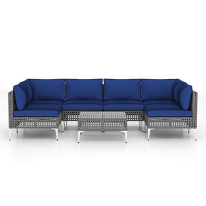 7 Piece Outdoor Furniture Set Wicker, Chairs with Tempered Glass Coffee Table-Navy