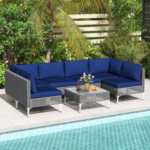 7 Piece Outdoor Furniture Set Wicker, Chairs with Tempered Glass Coffee Table-Navy view 2
