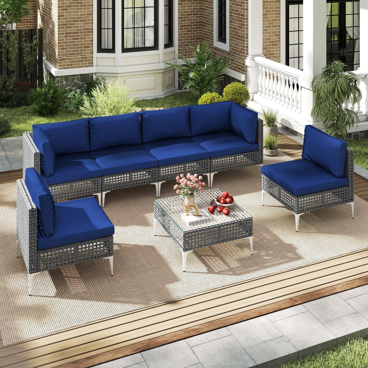 7 Piece Outdoor Furniture Set Wicker, Chairs with Tempered Glass Coffee Table-Navy view 3