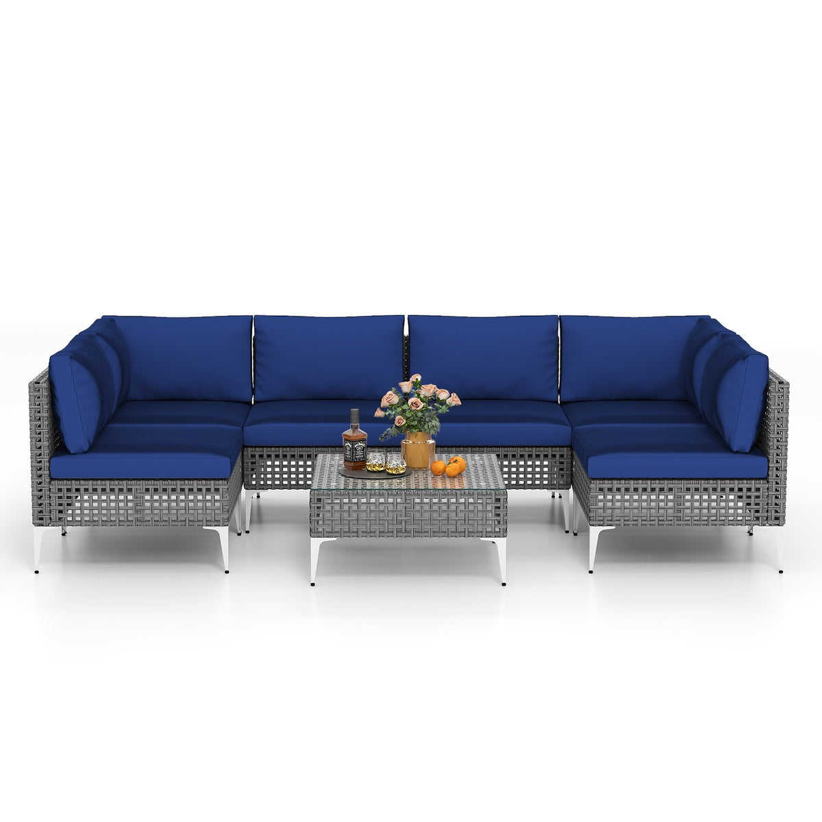 7 Piece Outdoor Furniture Set Wicker, Chairs with Tempered Glass Coffee Table-Navy view 4