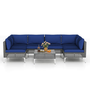 7 Piece Outdoor Furniture Set Wicker, Chairs with Tempered Glass Coffee Table-Navy view 4