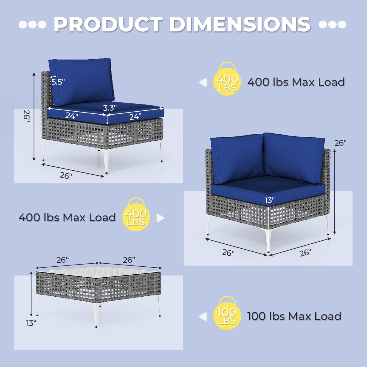 7 Piece Outdoor Furniture Set Wicker, Chairs with Tempered Glass Coffee Table-Navy view 5
