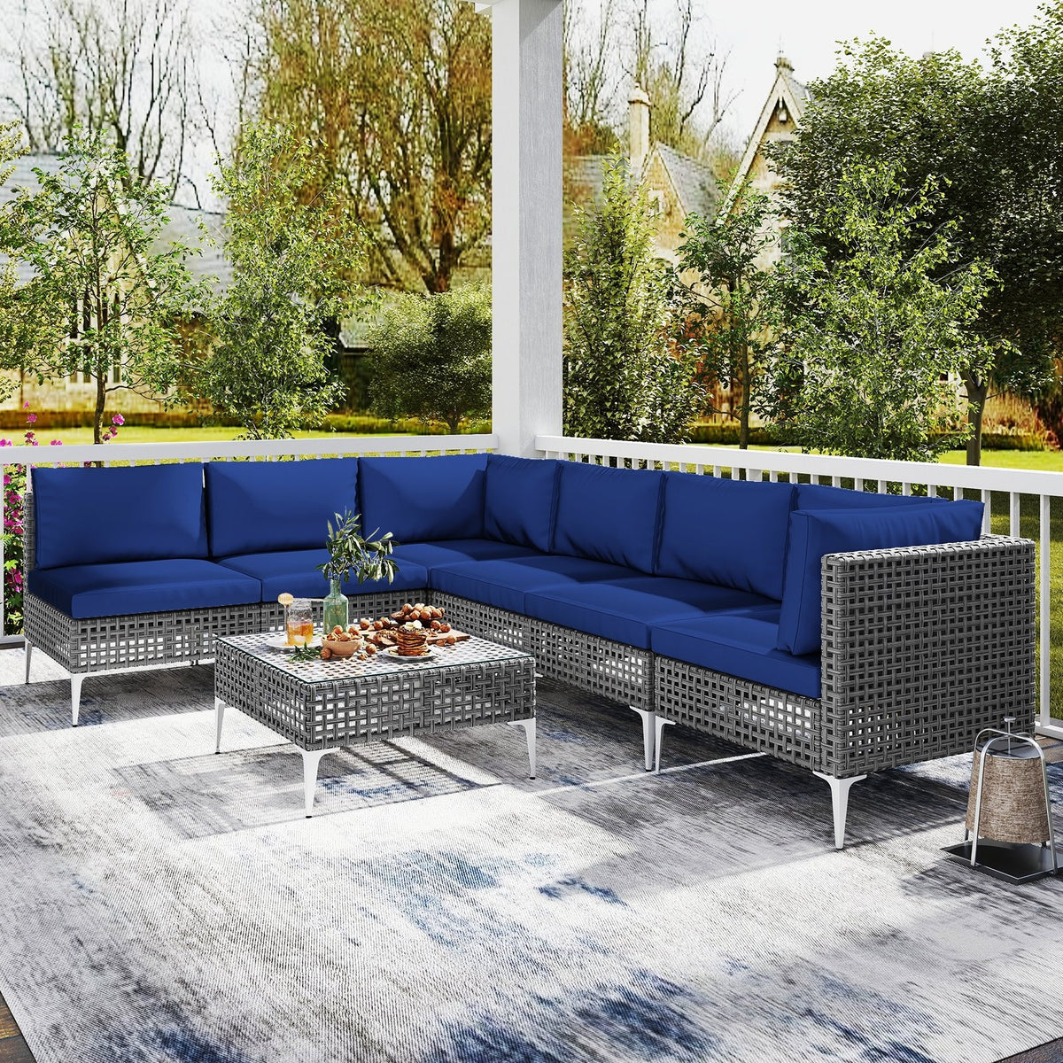 7 Piece Outdoor Furniture Set Wicker, Chairs with Tempered Glass Coffee Table-Navy view 6