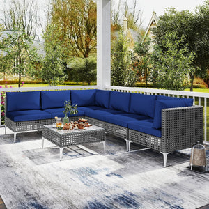 7 Piece Outdoor Furniture Set Wicker, Chairs with Tempered Glass Coffee Table-Navy view 6