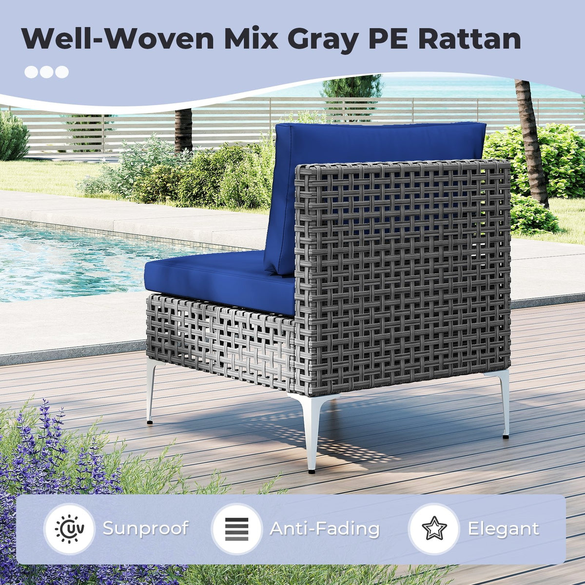 7 Piece Outdoor Furniture Set Wicker, Chairs with Tempered Glass Coffee Table-Navy view 7