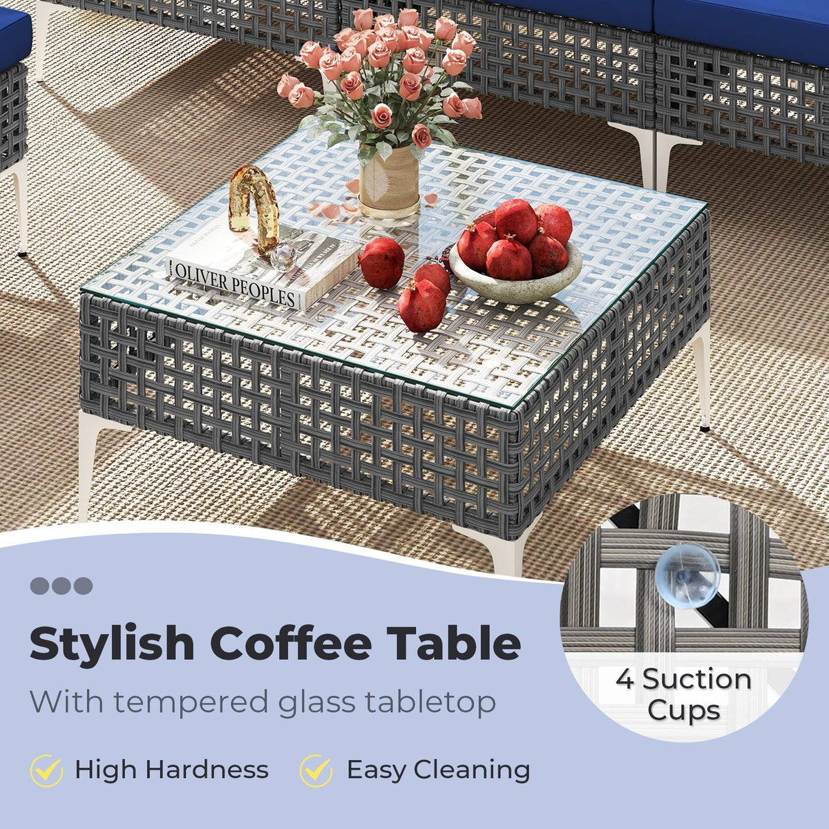 7 Piece Outdoor Furniture Set Wicker, Chairs with Tempered Glass Coffee Table-Navy view 9