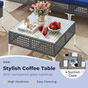 7 Piece Outdoor Furniture Set Wicker, Chairs with Tempered Glass Coffee Table-Navy view 9