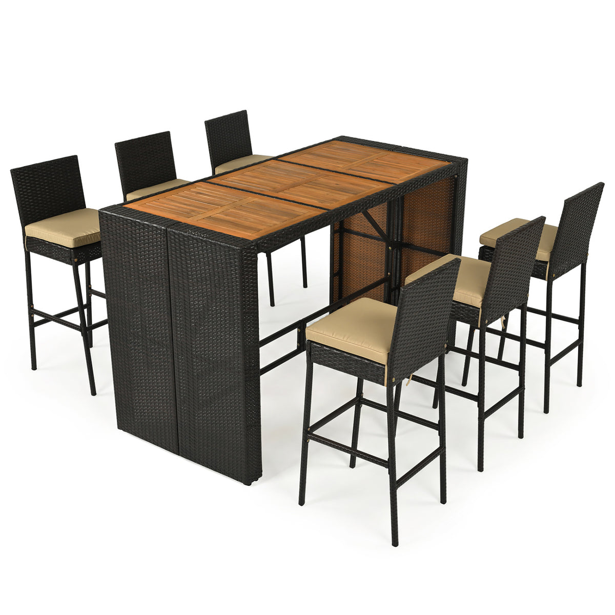 7-Piece Outdoor PE Wicker Bar Set with Bar Height Table and 6 Cushioned Stools for Yard-Brown
