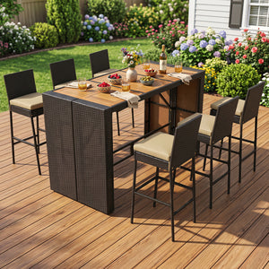 7-Piece Outdoor PE Wicker Bar Set with Bar Height Table and 6 Cushioned Stools for Yard-Brown view 2