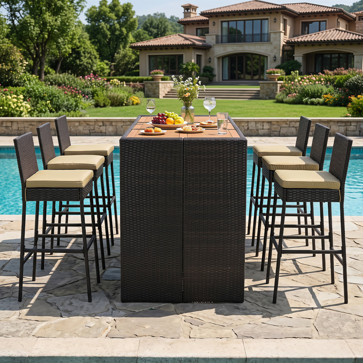 7-Piece Outdoor PE Wicker Bar Set with Bar Height Table and 6 Cushioned Stools for Yard-Brown view 3